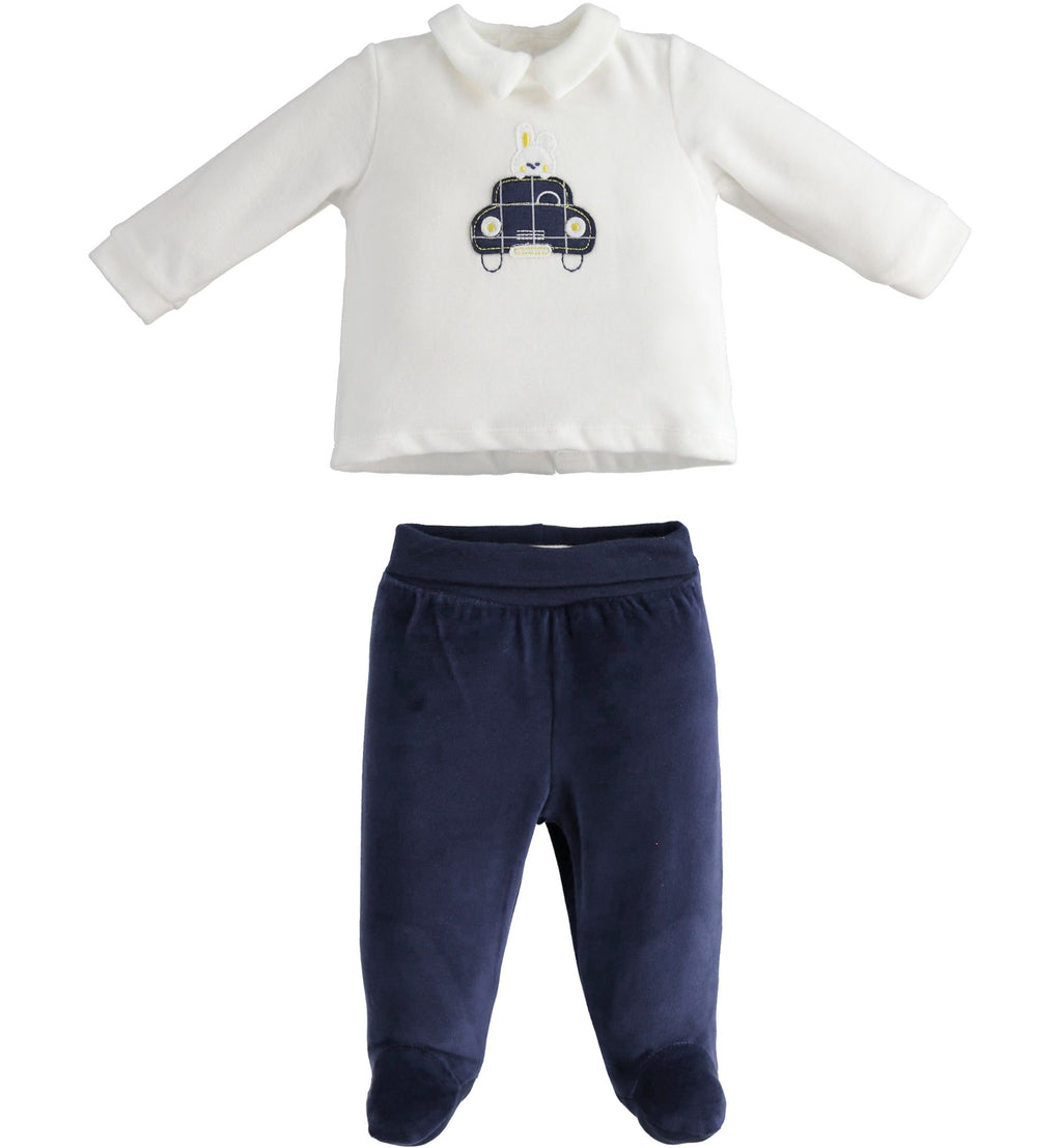 pure baby two piece velour footed pants and top by minibanda with car embroidery 