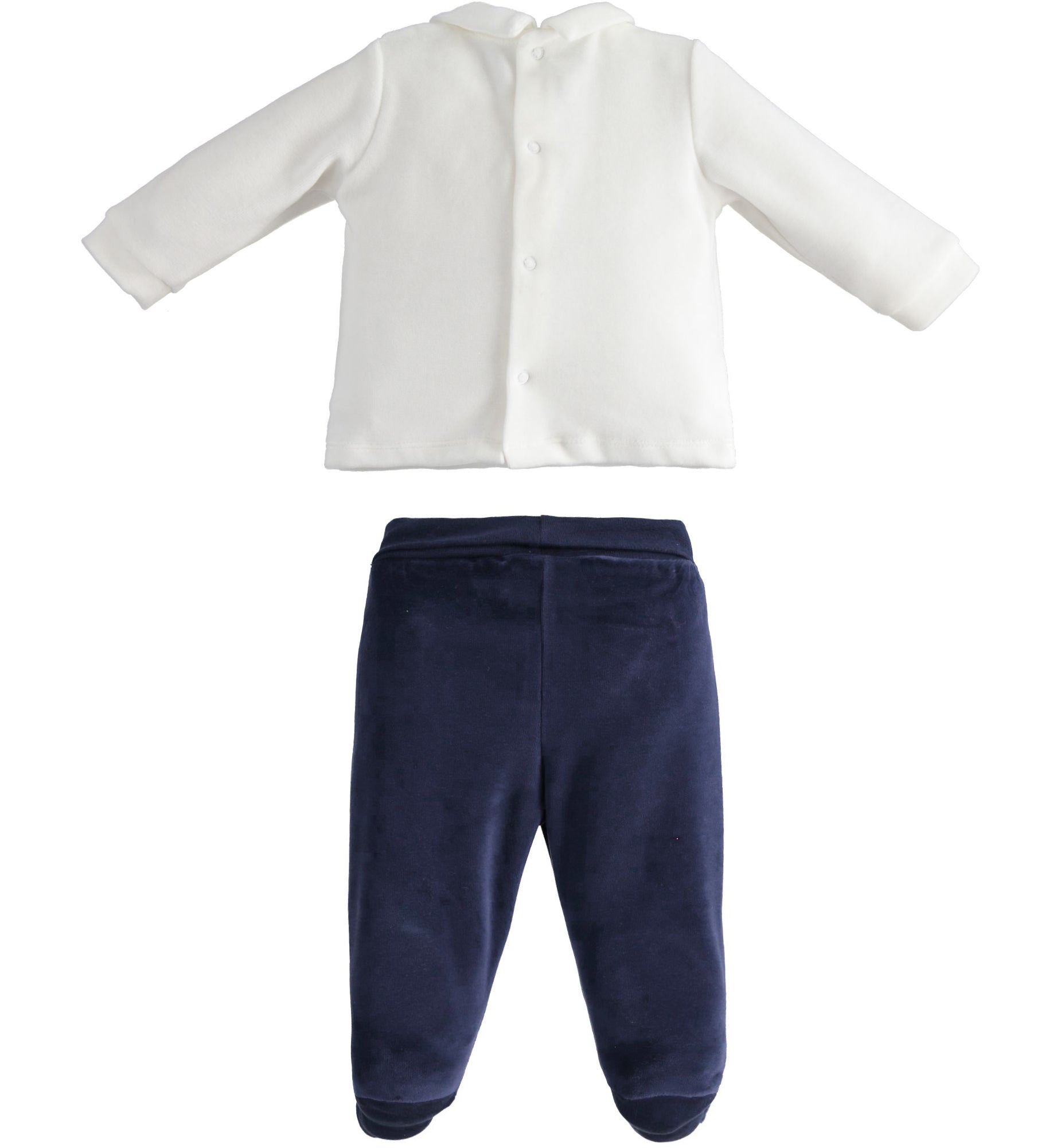 pure baby two piece velour footed pants and top by minibanda with car embroidery 