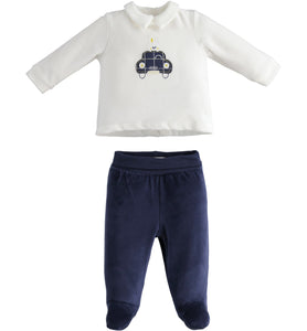 pure baby two piece velour footed pants and top by minibanda with car embroidery 