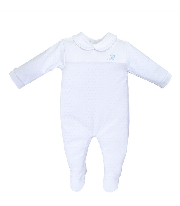 Traditional White and Blue Dot Sleepsuit with Collar