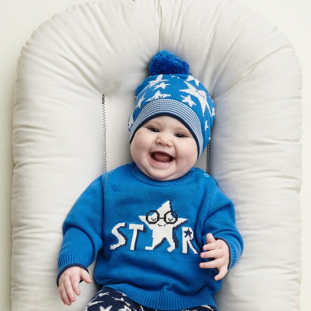 LALA Blue Star organic knit baby sweater and LIZ - Blue Stars Baby Knitted Winter Hat