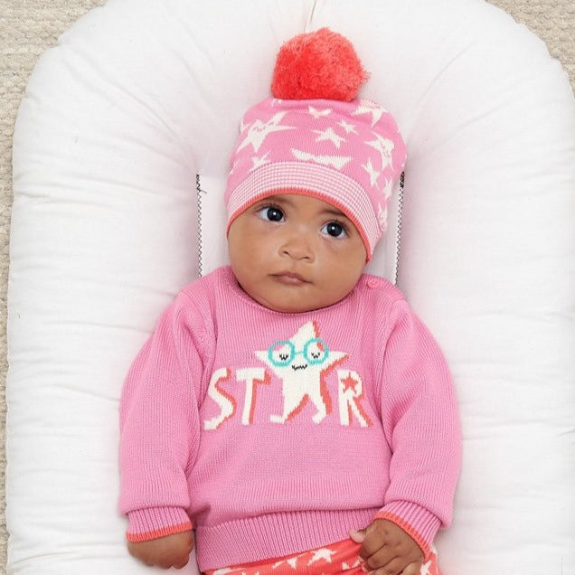 LALA - Pink Star Organic Knit Baby Sweater and LIZ - Pink Stars Baby Knitted Winter Hat
