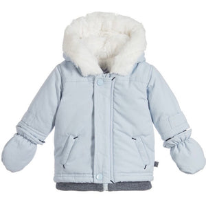 Baby Boy Pale Blue Winter Jacket with Mitts in 3 months