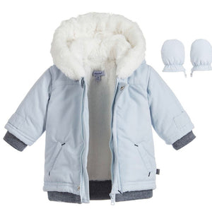 Baby Boy Pale Blue Winter Jacket with Mitts in 3 months