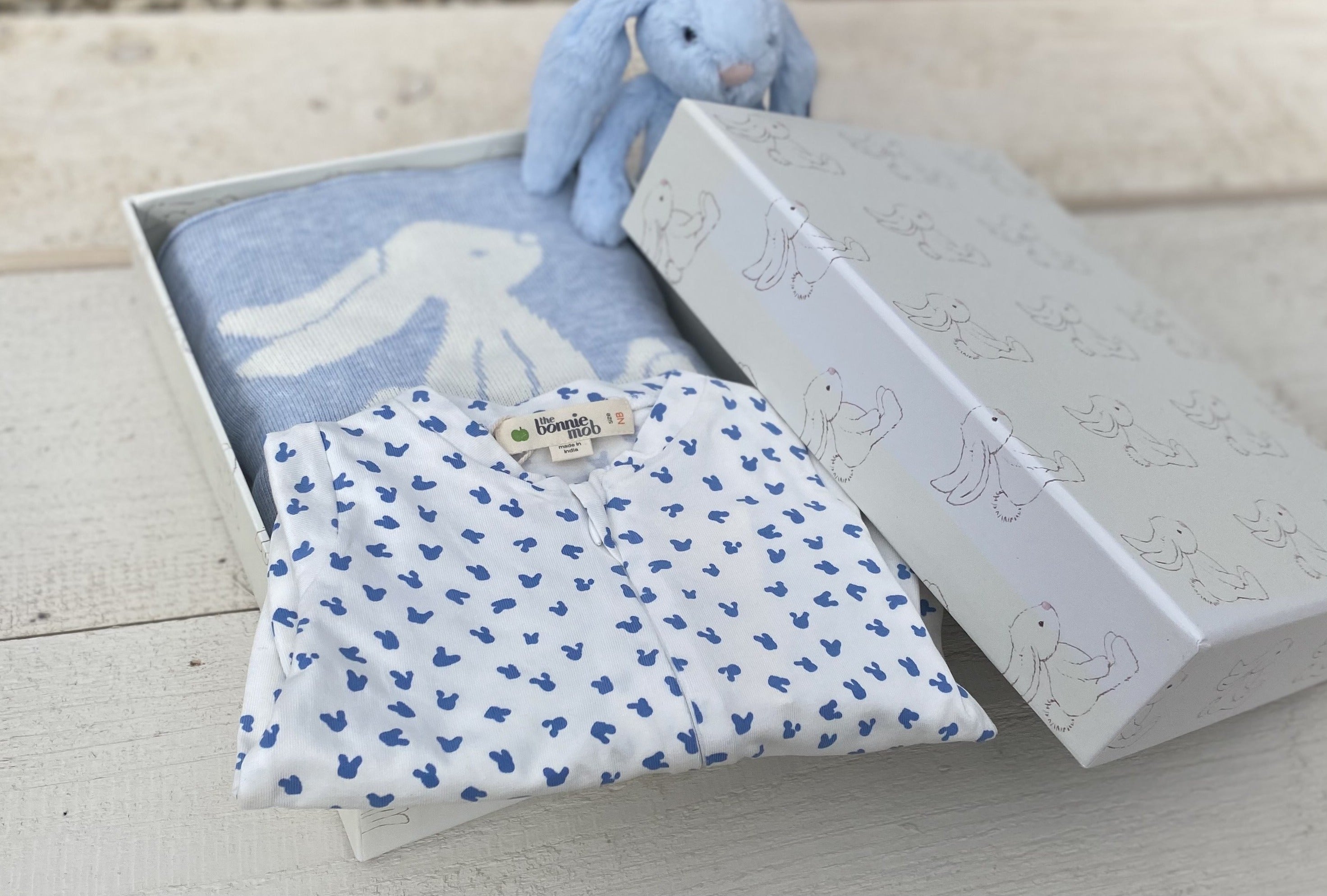 Jellycat Bashful Blue Bunny Blanket The Bonnie Mob Blue Bunny Sleepsuit and Bashful Blue Bunny Rattle Gift Set